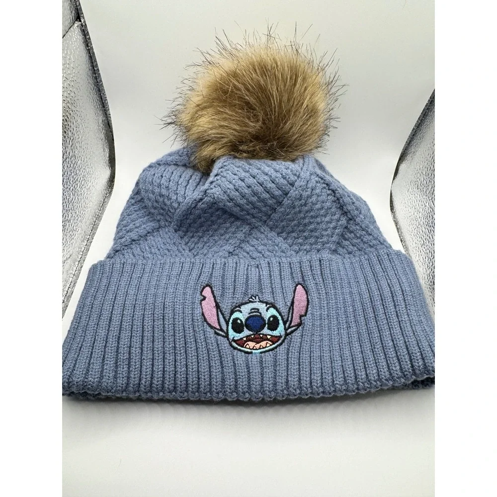 Disney Lilo & Stitch Blue Cable Knit Beanie Faux Fur Pom Hat Bioworld OSFM